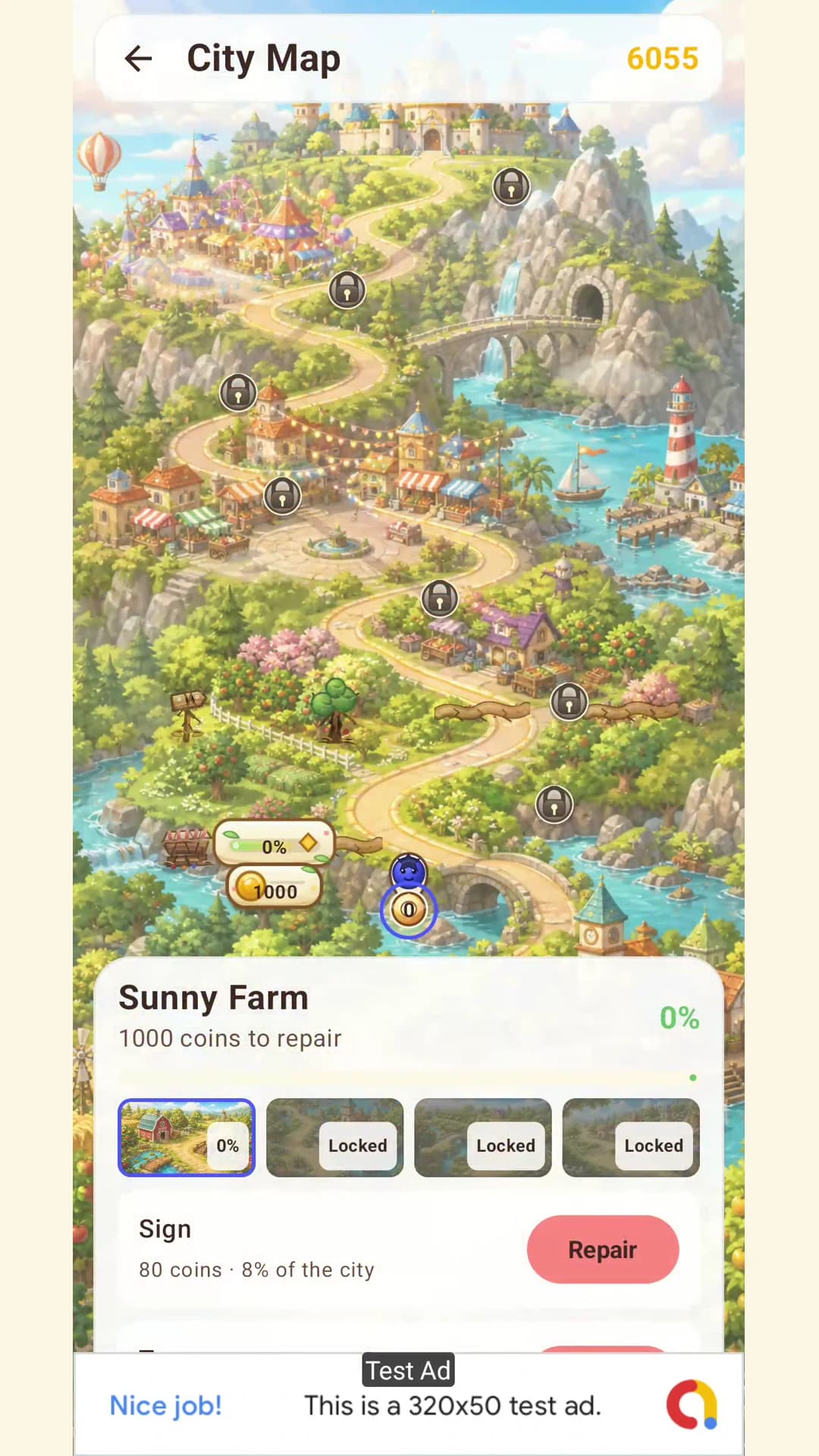 Fruit Fall city map with a winding road past locked districts and a Sunny Farm repair panel