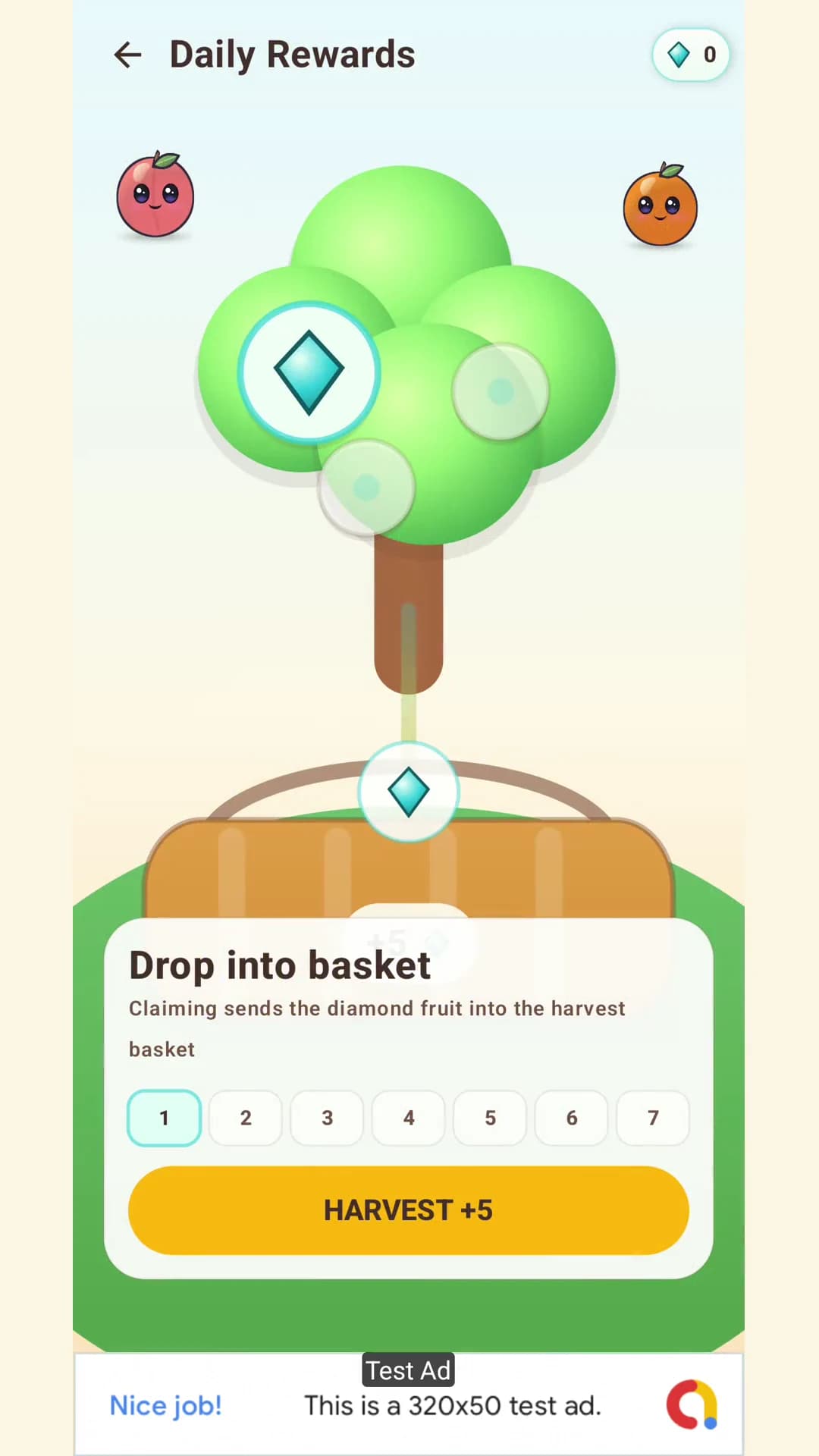 Fruit Fall daily rewards screen with a diamond fruit above a harvest basket and a seven day claim row