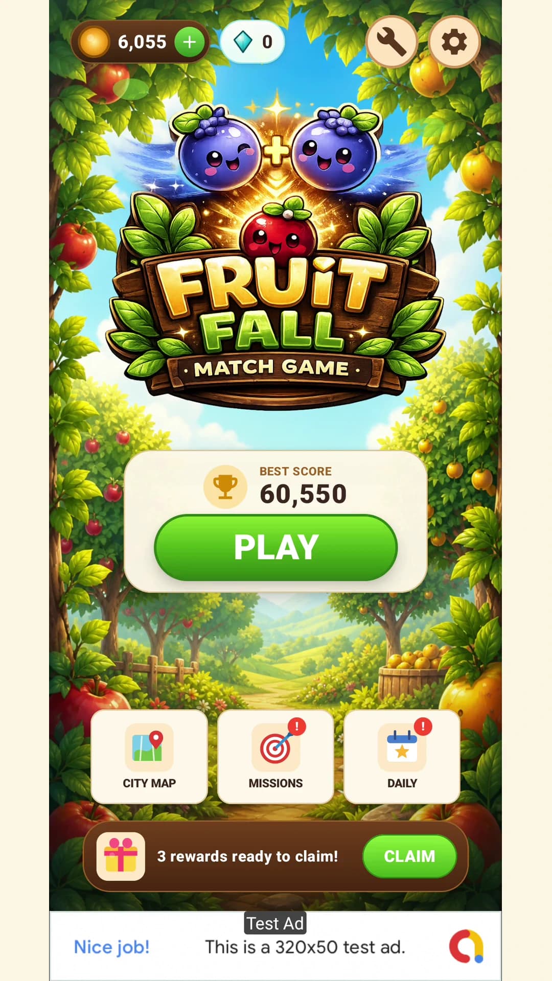 Fruit Fall home screen with a best score of 60,550, a Play button, City Map, Missions and Daily shortcuts, and three rewards ready to claim
