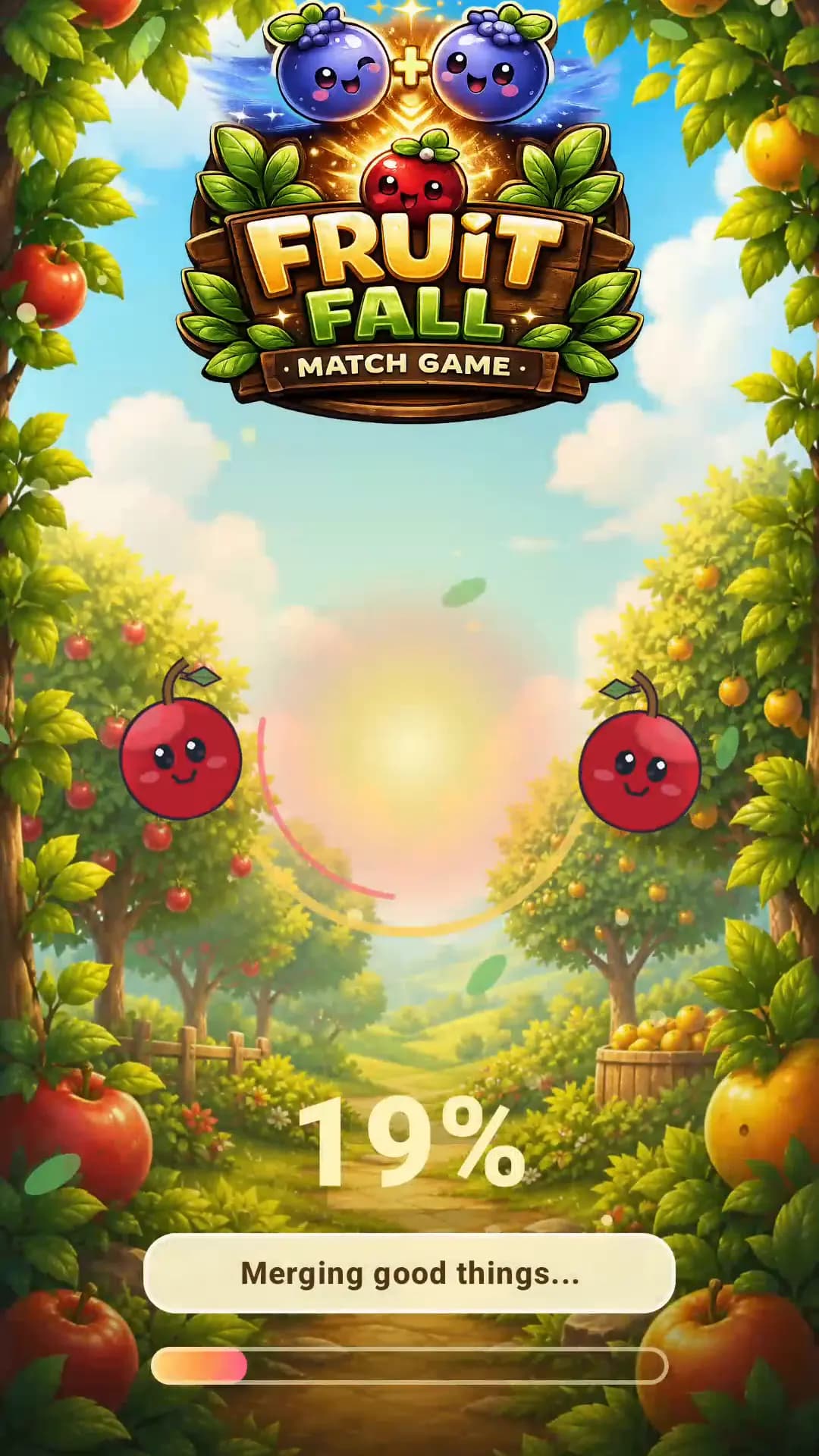 Fruit Fall loading screen with the logo, orchard background, and progress bar