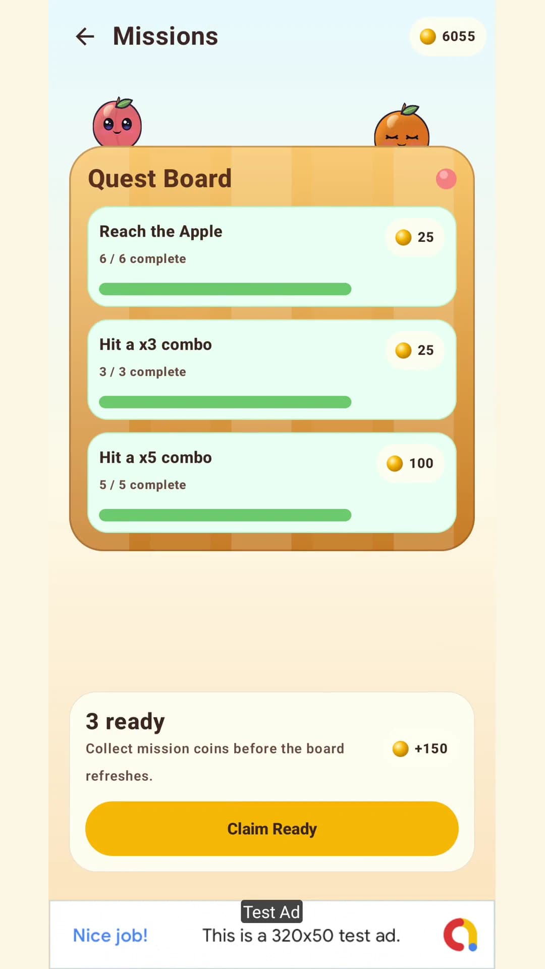 Fruit Fall quest board with three completed missions and a coin reward ready to collect