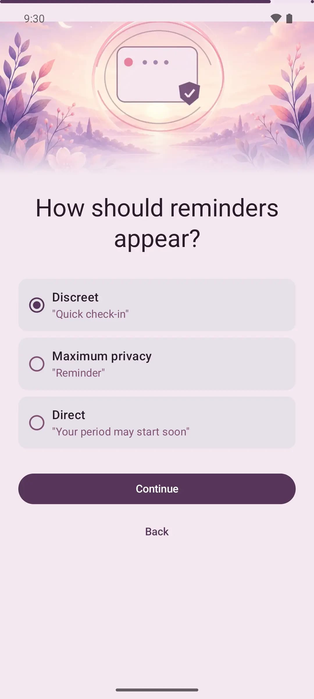Onboarding reminder choice between discreet, maximum privacy and direct notification wording