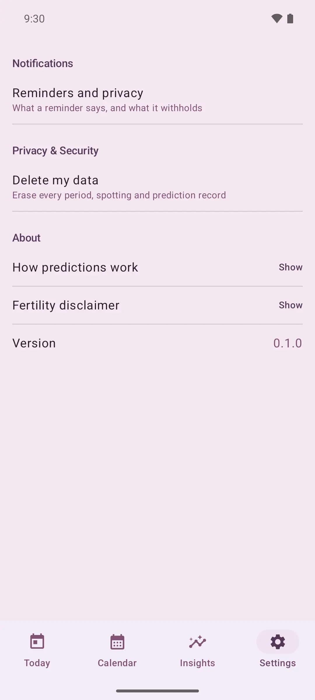 Settings screen with reminder privacy, Delete my data, how predictions work, and the fertility disclaimer