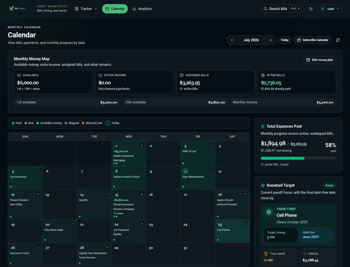 Bill Tracker calendar money map