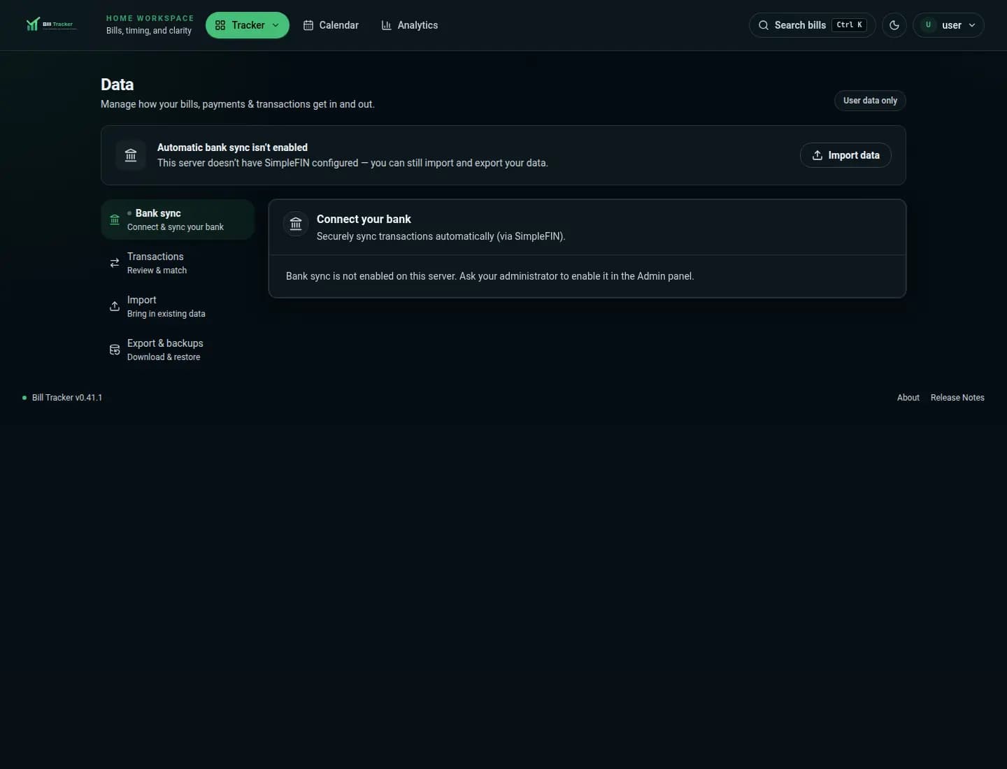 Bill Tracker data import and transaction matching