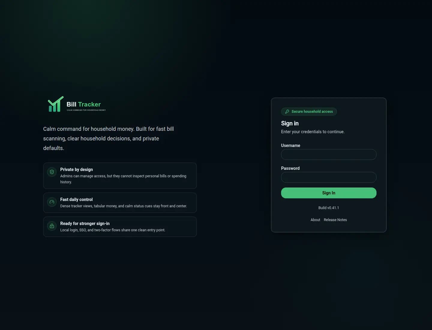 Bill Tracker login screen