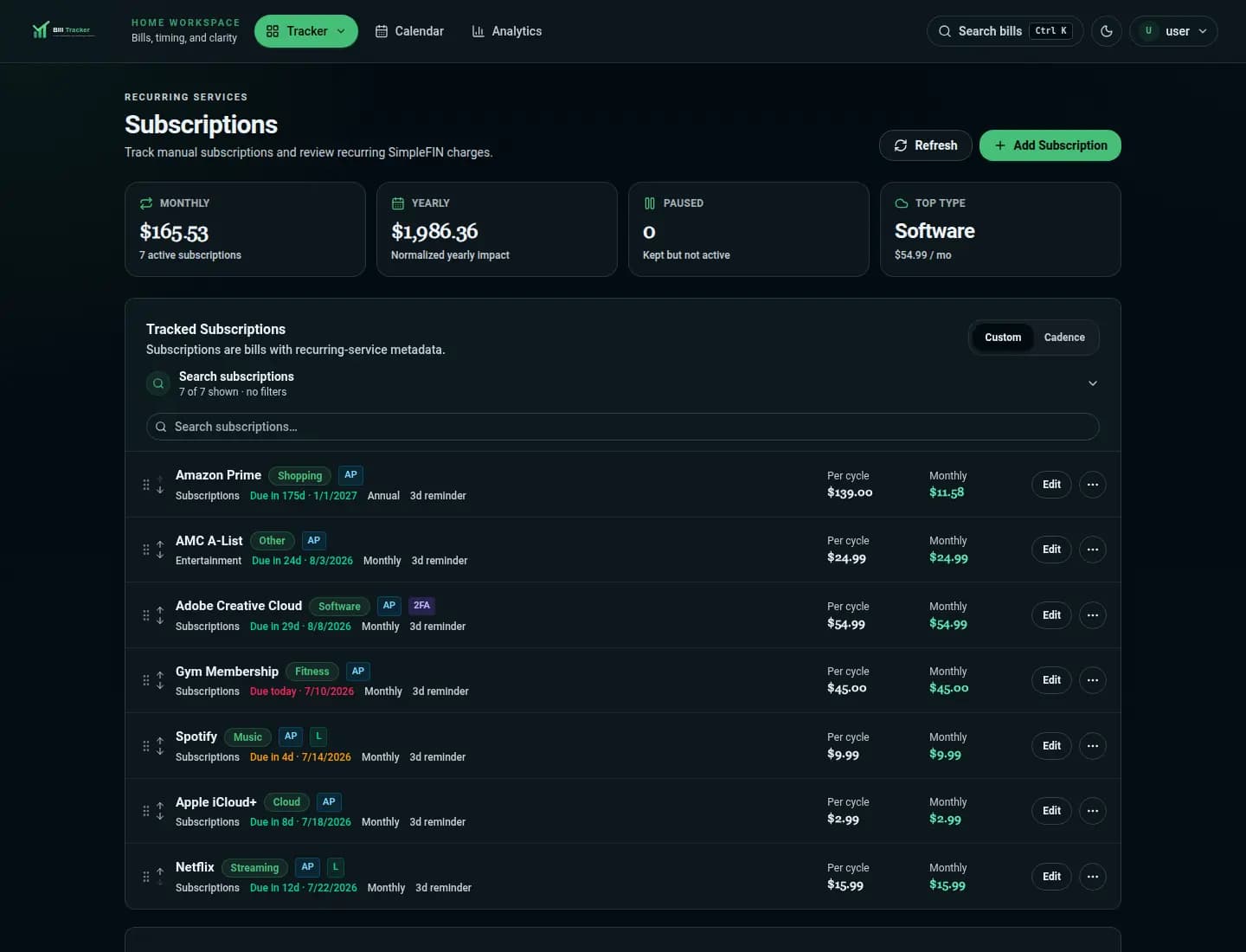 Bill Tracker subscription manager