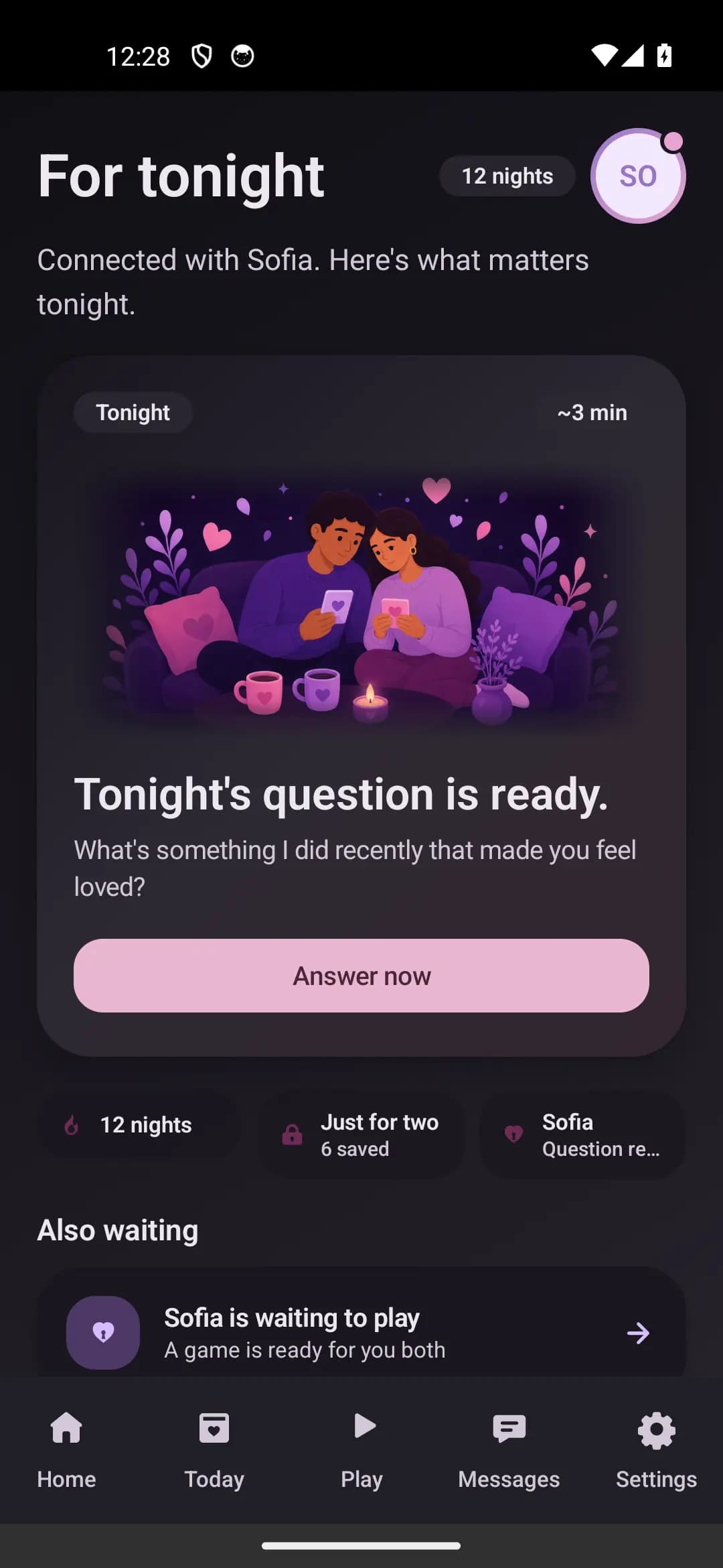 Closer Couples daily question ready in dark mode
