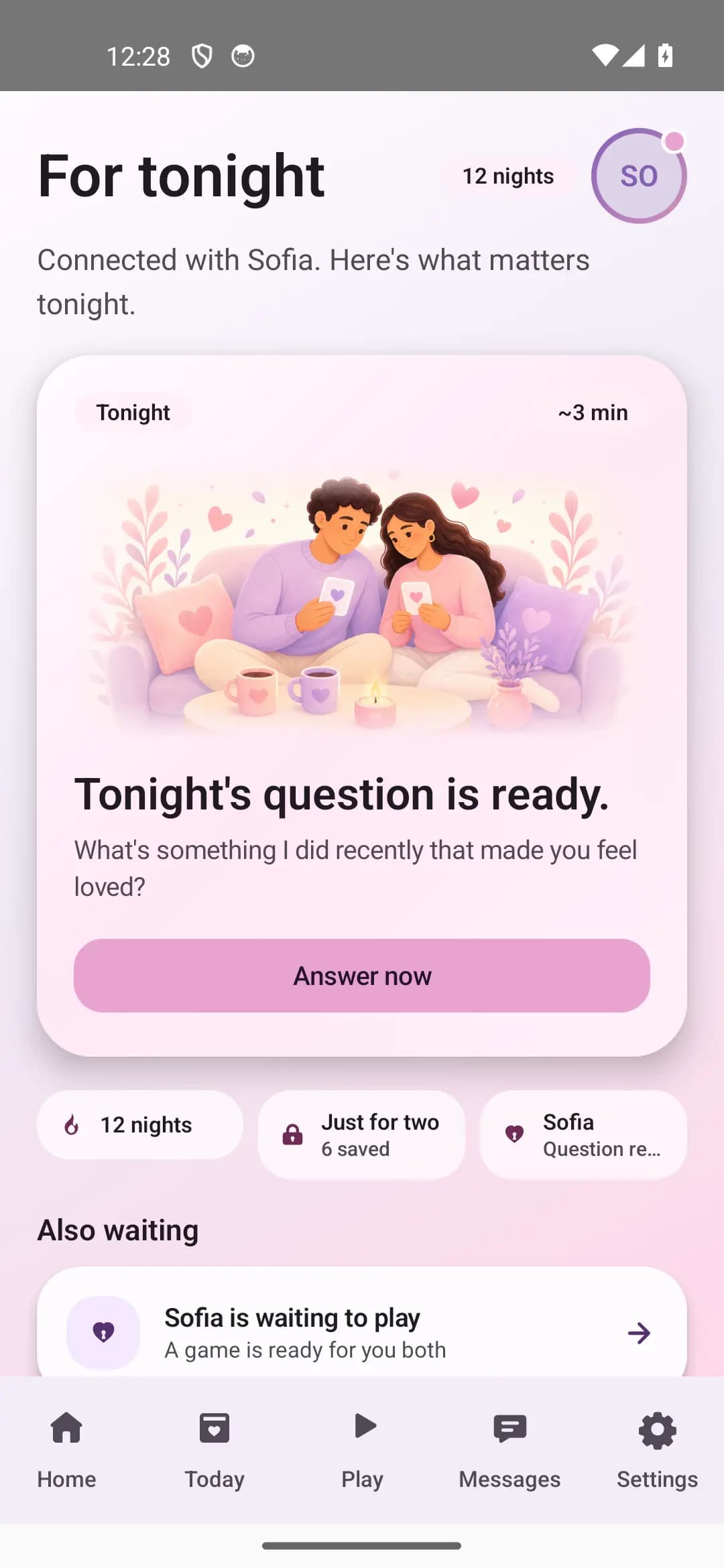 Closer Couples daily question ready in light mode